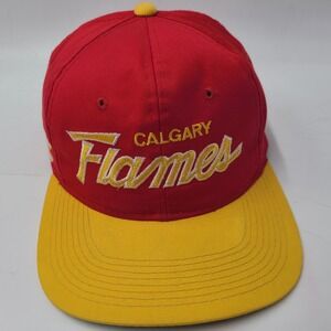 Vintage Calgary Flames Hat Snapback Sports Specialties Red Yellow NHL Script 90s